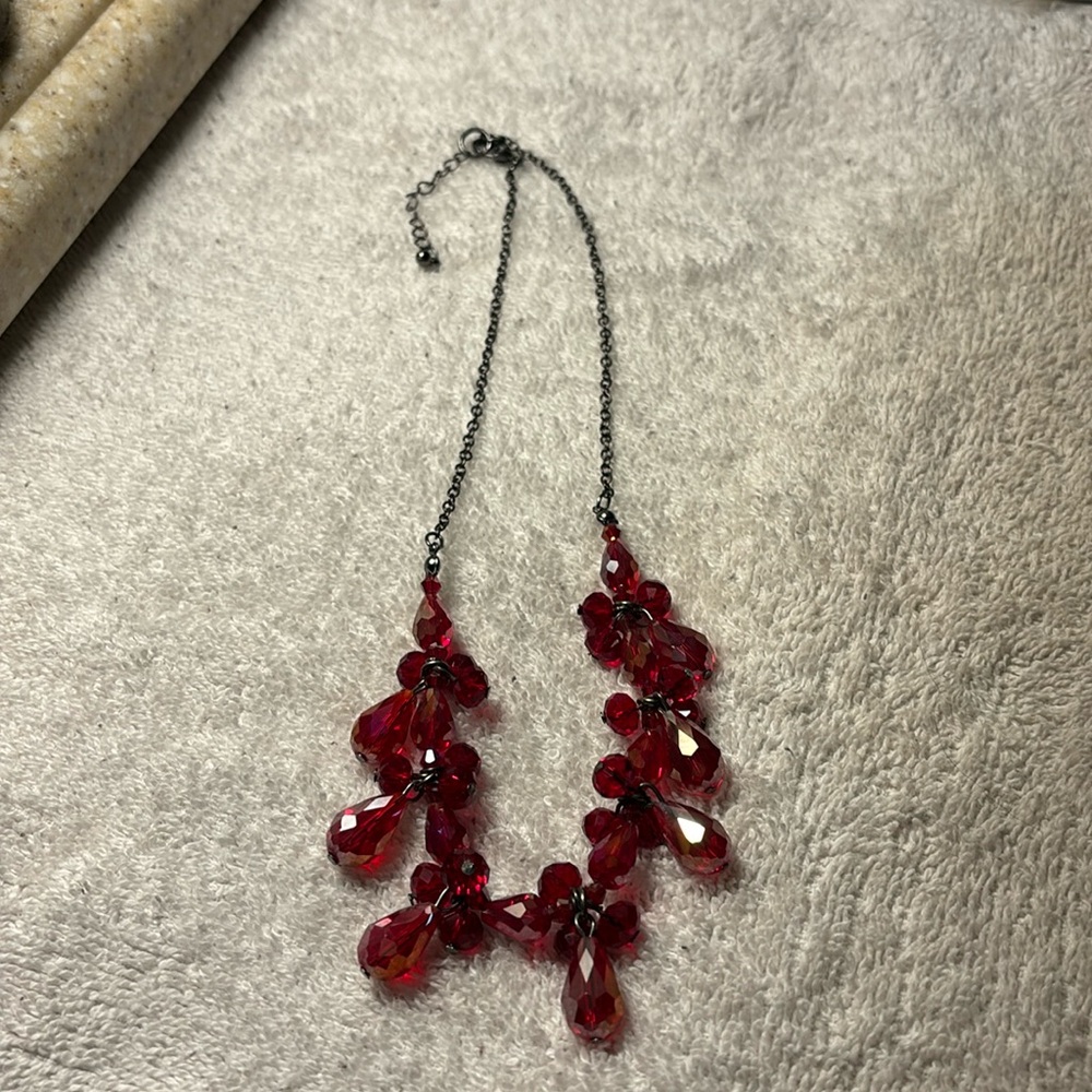 Red beaded necklace black chain. New cond 18” overall length & 2”extender￼￼￼